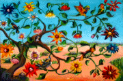Tropical Trees Filled with birds and flowers from Hawaii in this oil painting